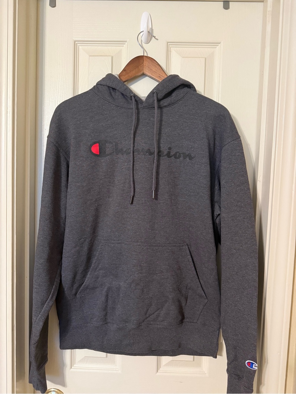 Champion Dark Gray Hoodie with Red Logo Accent